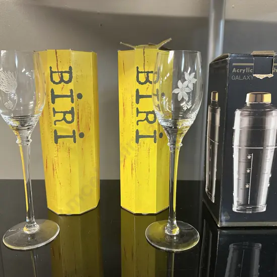 Pair Of Biri Etched Crystal Champagne Glasses & Acrylic Galaxy Bar Shaker