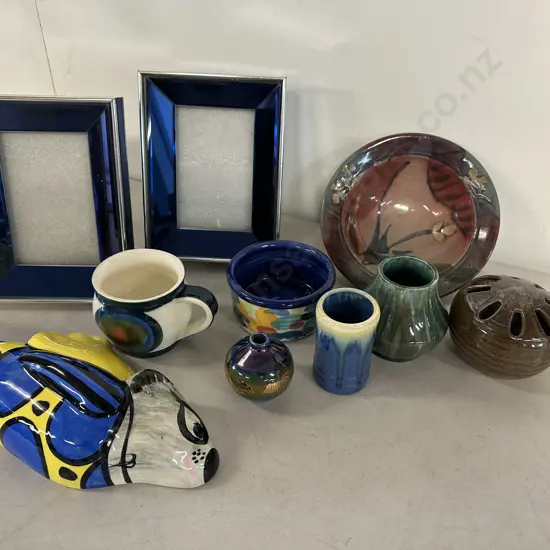 Selection Of Signed Pottery Items Including Tony Sly, M.Cogswell Etc With Fish Wall Art & Photo Frames