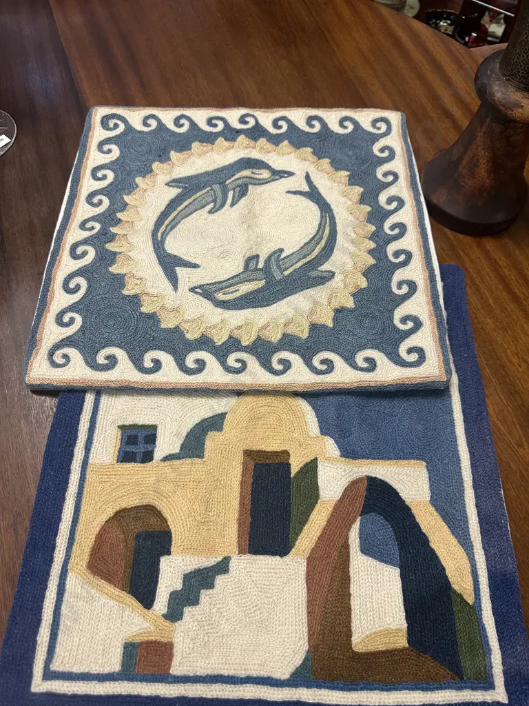 Pair Of Vintage Chain Stitched Cushion Covers 40x40cm With Hammered Brass Topped Wooden Base Candle Holder H26cm. Image 1++