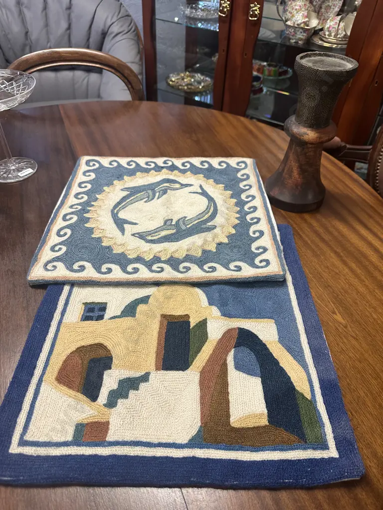 Pair Of Vintage Chain Stitched Cushion Covers 40x40cm With Hammered Brass Topped Wooden Base Candle Holder H26cm. Image 1++