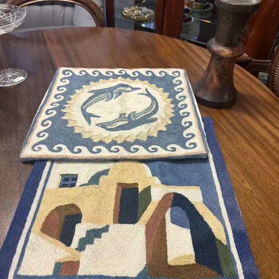 Pair Of Vintage Chain Stitched Cushion Covers 40x40cm With Hammered Brass Topped Wooden Base Candle Holder H26cm.