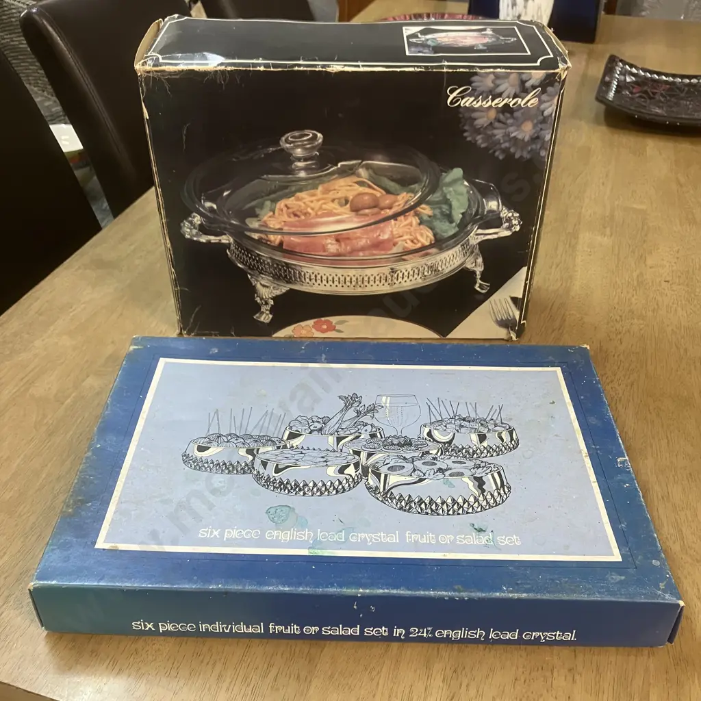 Vintage Boxed 6 Pce English Lead Crystal Fruit Set & Boxed 2 Qt Silver Plated Casserole Image 1++