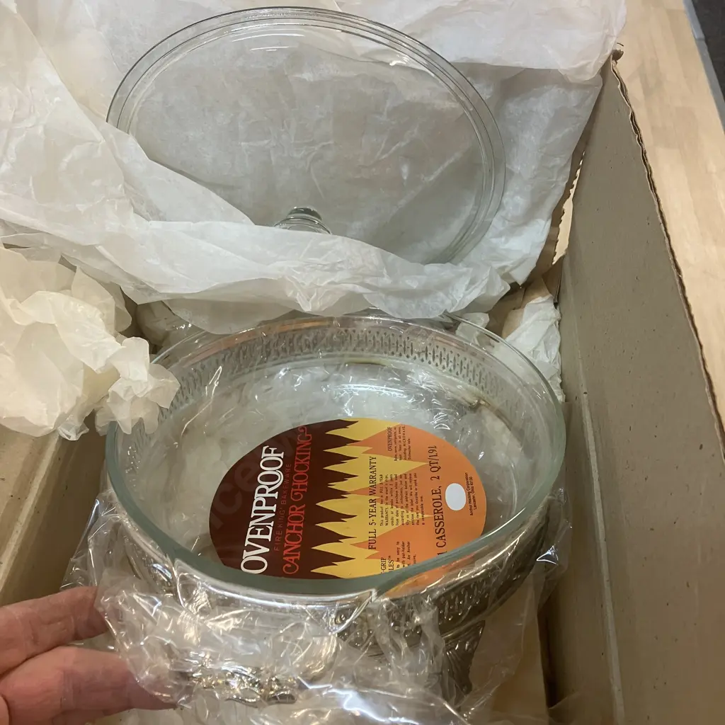 Vintage Boxed 6 Pce English Lead Crystal Fruit Set & Boxed 2 Qt Silver Plated Casserole Image 1++