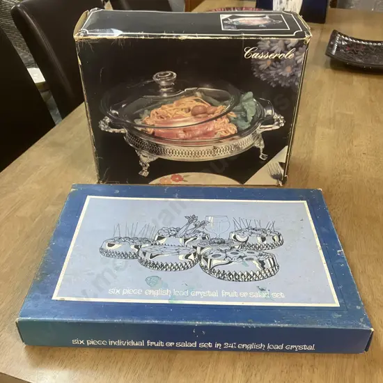 Vintage Boxed 6 Pce English Lead Crystal Fruit Set & Boxed 2 Qt Silver Plated Casserole