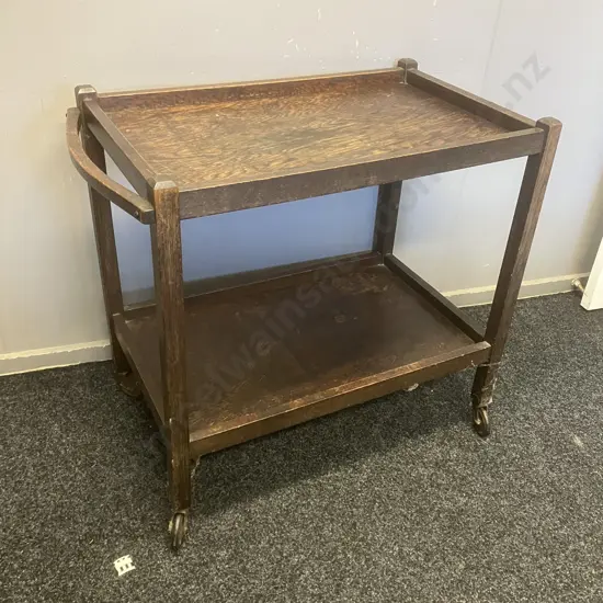 Art Deco Two-Tier Tea Trolley, Curved Handle, On Wheels. H77 W82 D47.5cm