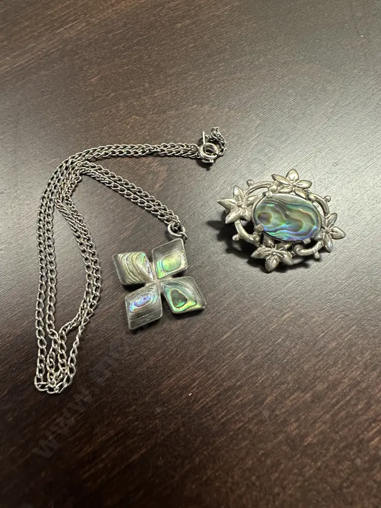Sterling Silver Pendant Necklace & Brooch Paua Detail Image 1++
