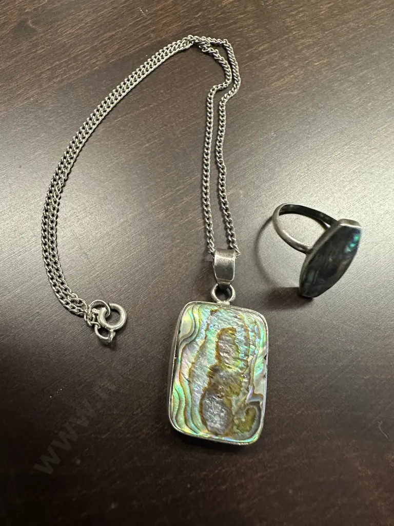 Sterling Silver Necklace & Ring Set With Paua Shell Detail Image 1++