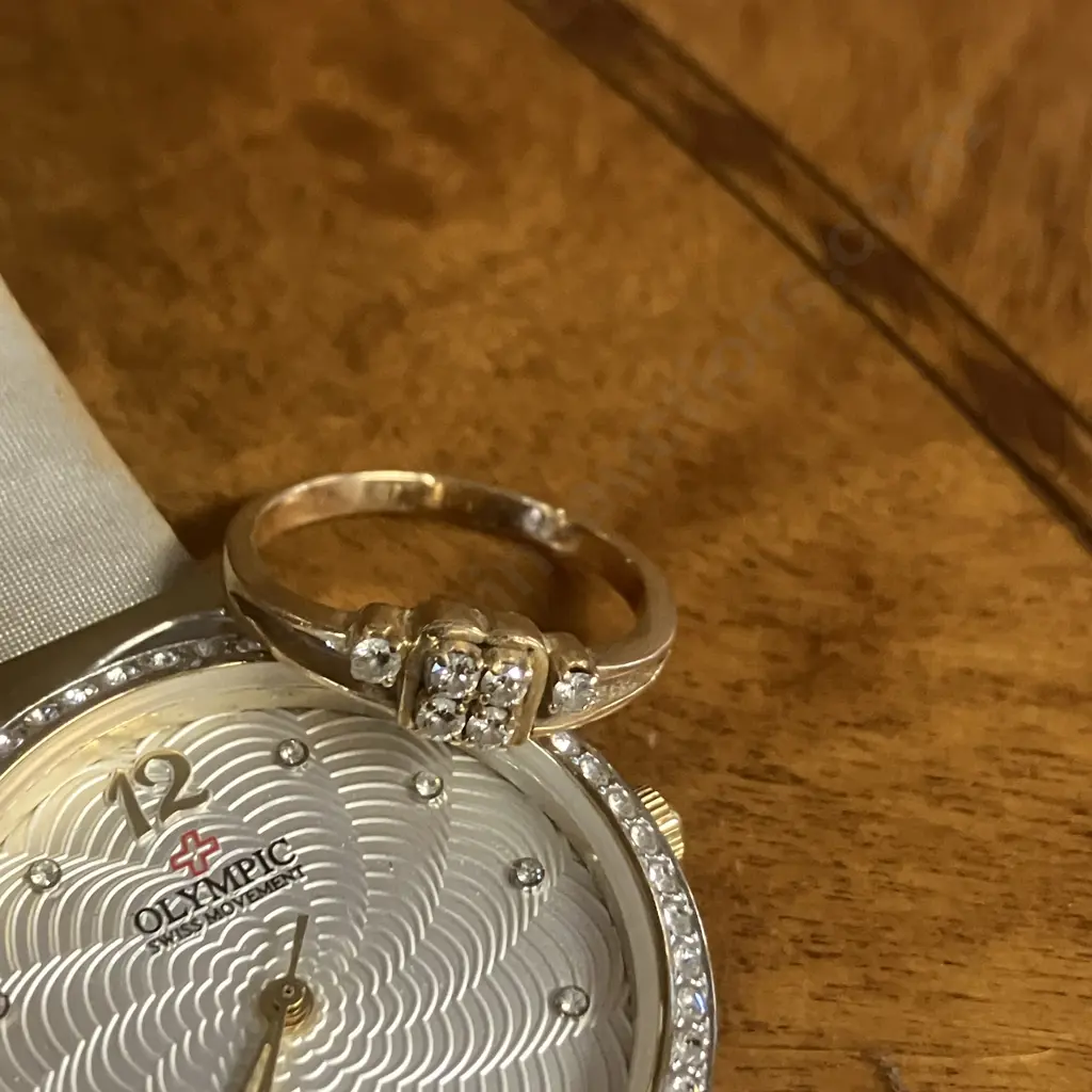 Small Gold Colour Ring With Clear Stones Marked D.13 & Olympic Ladies Watch (Missing Glass Face & Stones) Image 1++