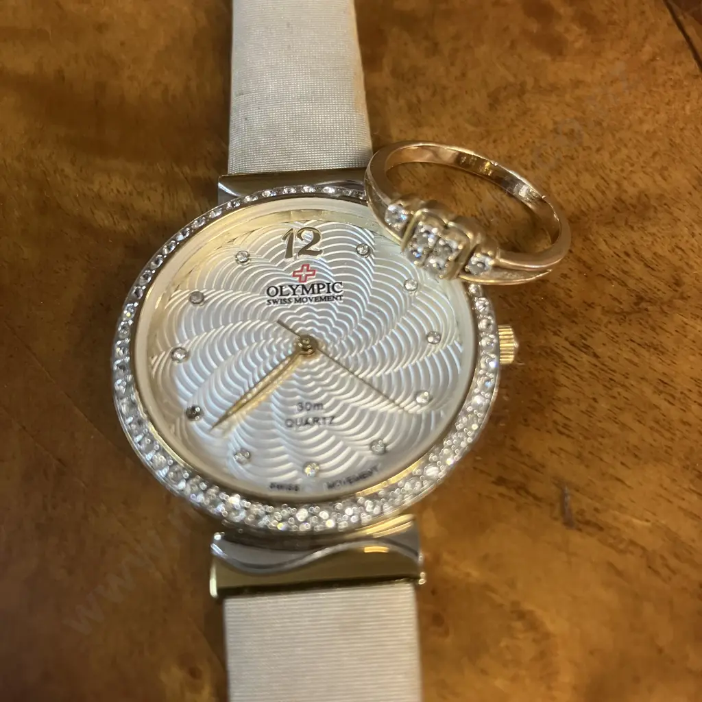 Small Gold Colour Ring With Clear Stones Marked D.13 & Olympic Ladies Watch (Missing Glass Face & Stones) Image 1++