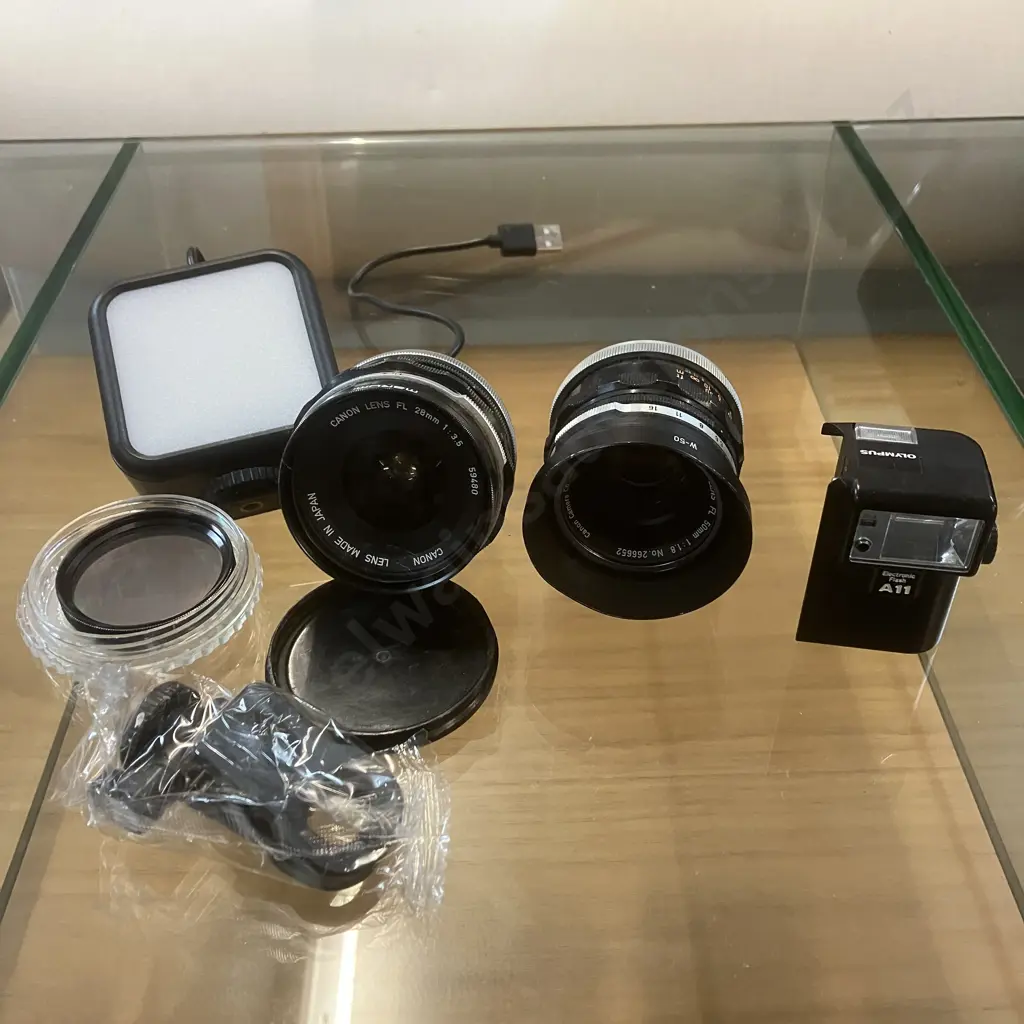 Canon Lens FL 28mm f/3.5 & FL 50mm f/1.8 Prime Lenses - Japan, Vivitar 48mm Polarizing Filter, Olympus A11 Flash Etc Image 1++