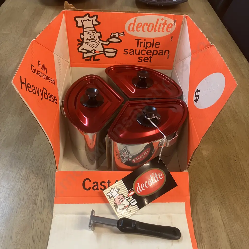Vintage Retro New "decolite" Triple Saucepan Set With Original Tag & Box, Cast Aluminum Image 1++