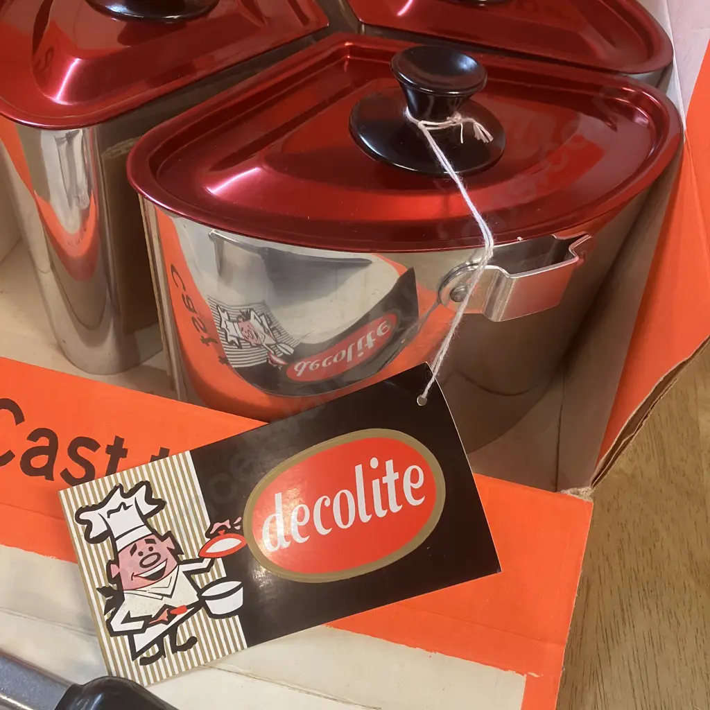 Vintage Retro New "decolite" Triple Saucepan Set With Original Tag & Box, Cast Aluminum Image 1++