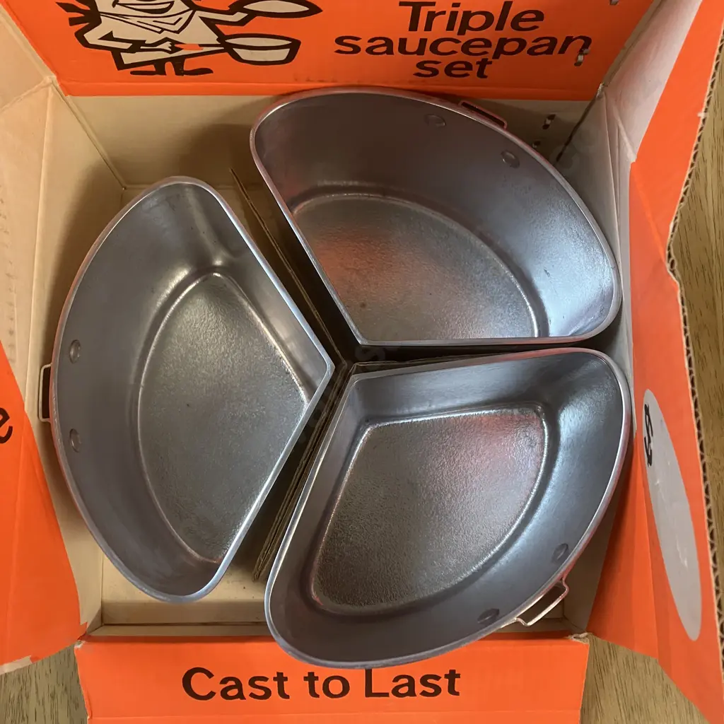 Vintage Retro New "decolite" Triple Saucepan Set With Original Tag & Box, Cast Aluminum Image 1++