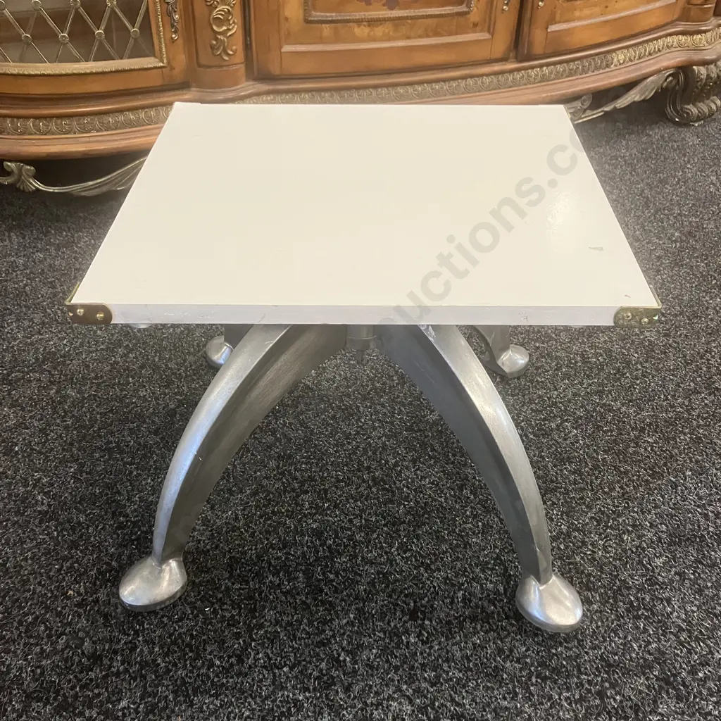 White Swivel Top Side Table On Polished Aluminium Atomic Styled Base. H34 W36.5 D41cm Image 1++