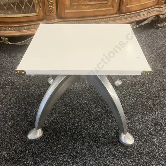 White Swivel Top Side Table On Polished Aluminium Atomic Styled Base. H34 W36.5 D41cm