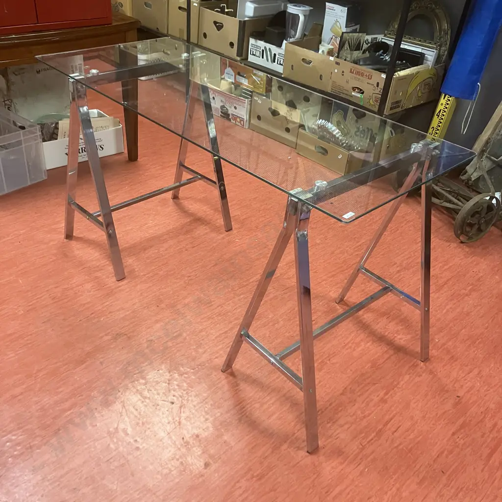 Glass Top Trestle Office Desk  / Table. 140 x 60cm Image 1++