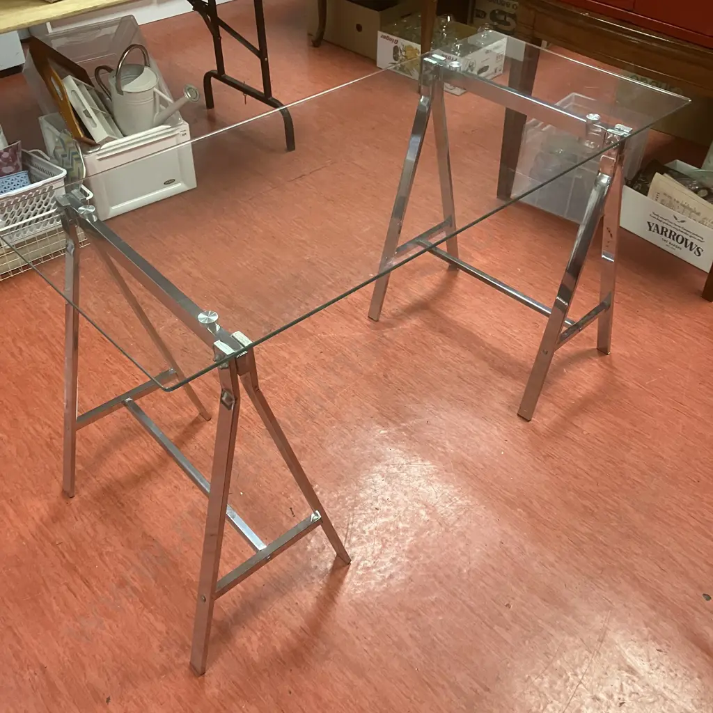 Glass Top Trestle Office Desk  / Table. 140 x 60cm Image 1++