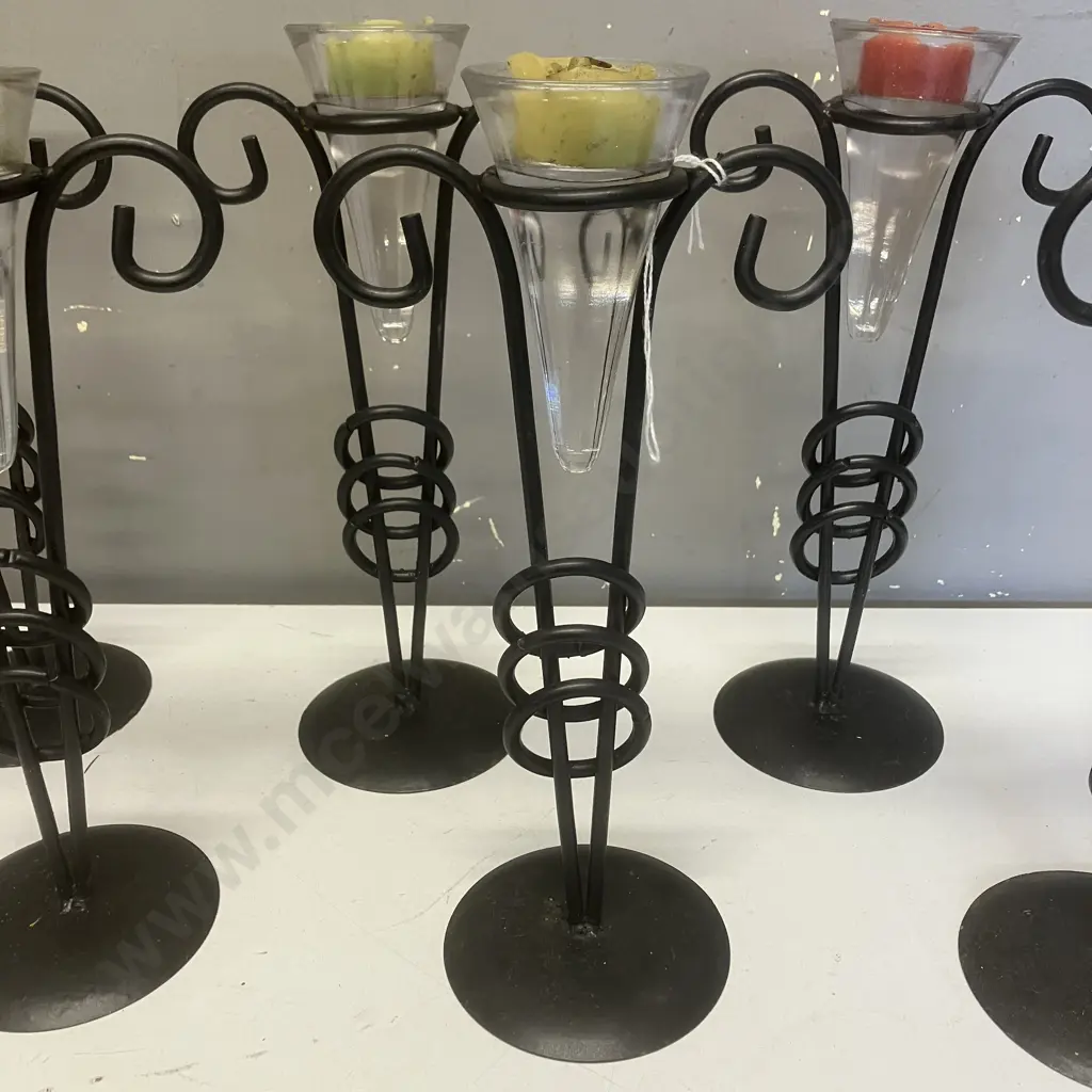 Seven Black Metal & Glass Candle Holders With Candles & Two Without Glass / Candles. H28cm Image 1++