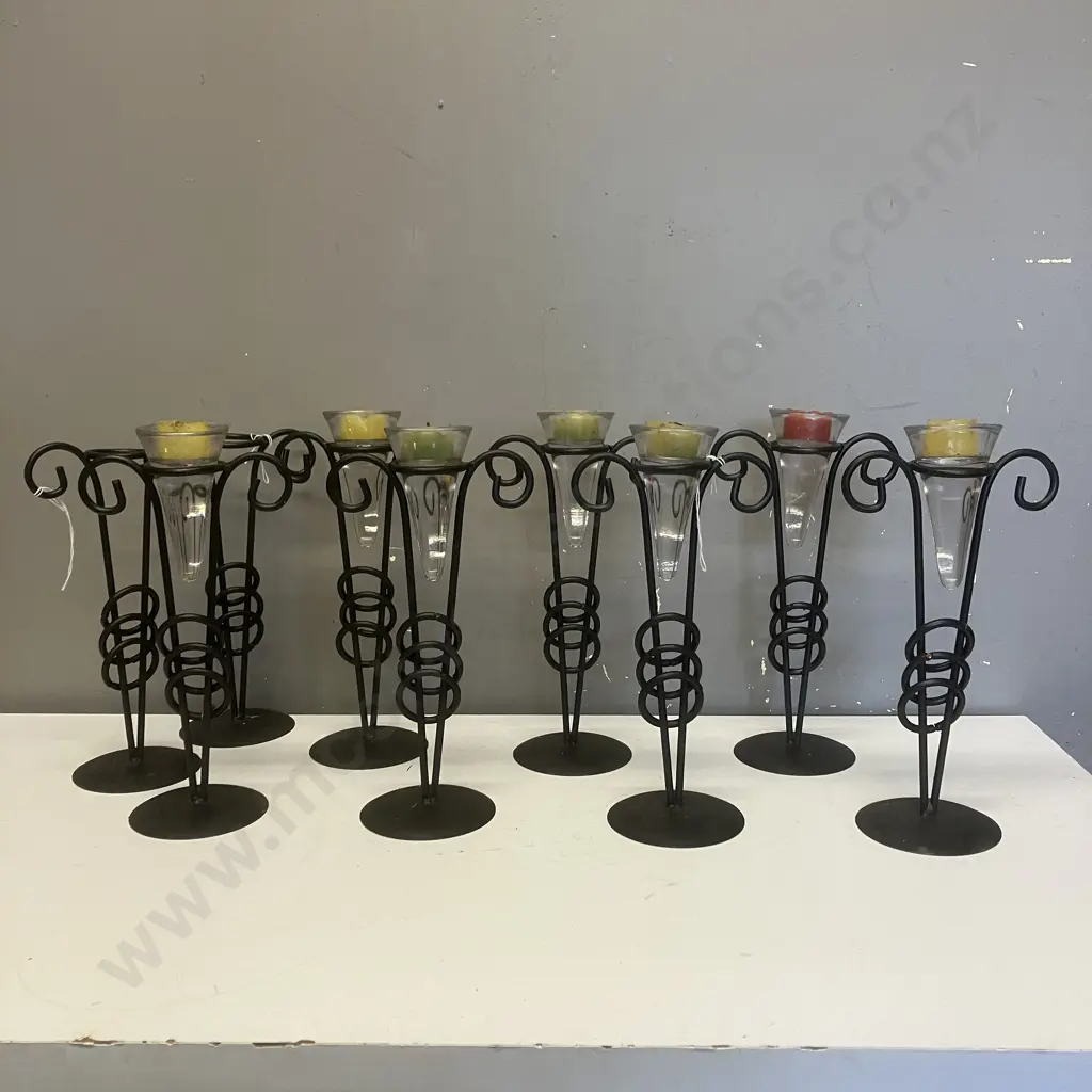 Seven Black Metal & Glass Candle Holders With Candles & Two Without Glass / Candles. H28cm Image 1++