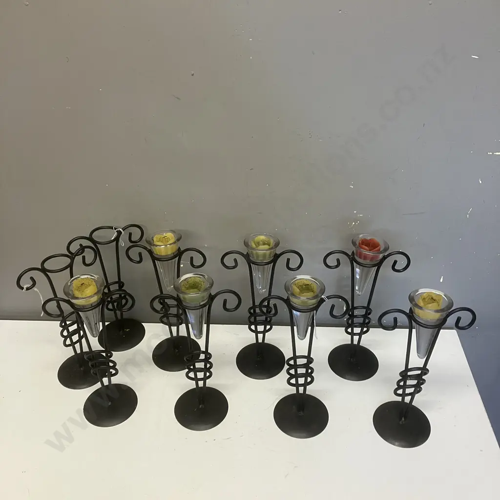 Seven Black Metal & Glass Candle Holders With Candles & Two Without Glass / Candles. H28cm Image 1++