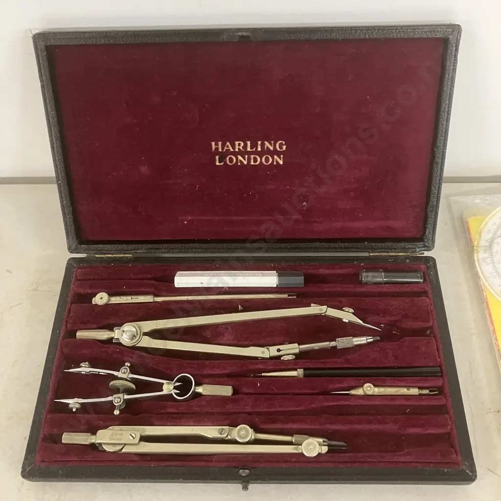Antique Boxed Set of Technical Drawing Instruments by "W H" Harling London. Circular Slide Rule, Protractor Etc Image 1++