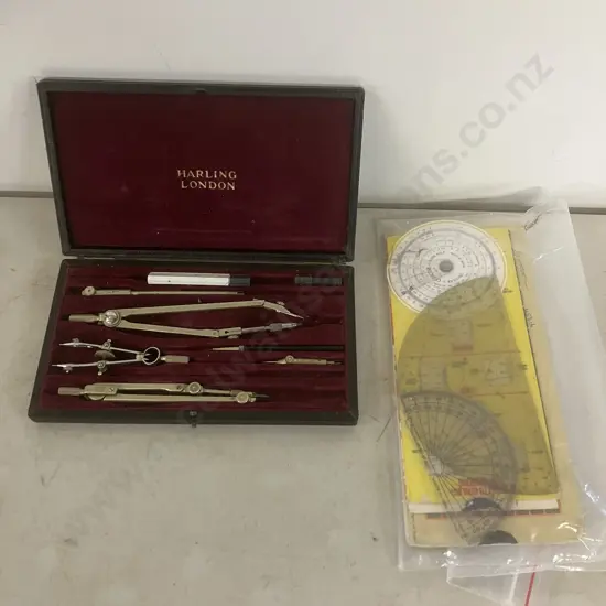 Antique Boxed Set of Technical Drawing Instruments by "W H" Harling London. Circular Slide Rule, Protractor Etc