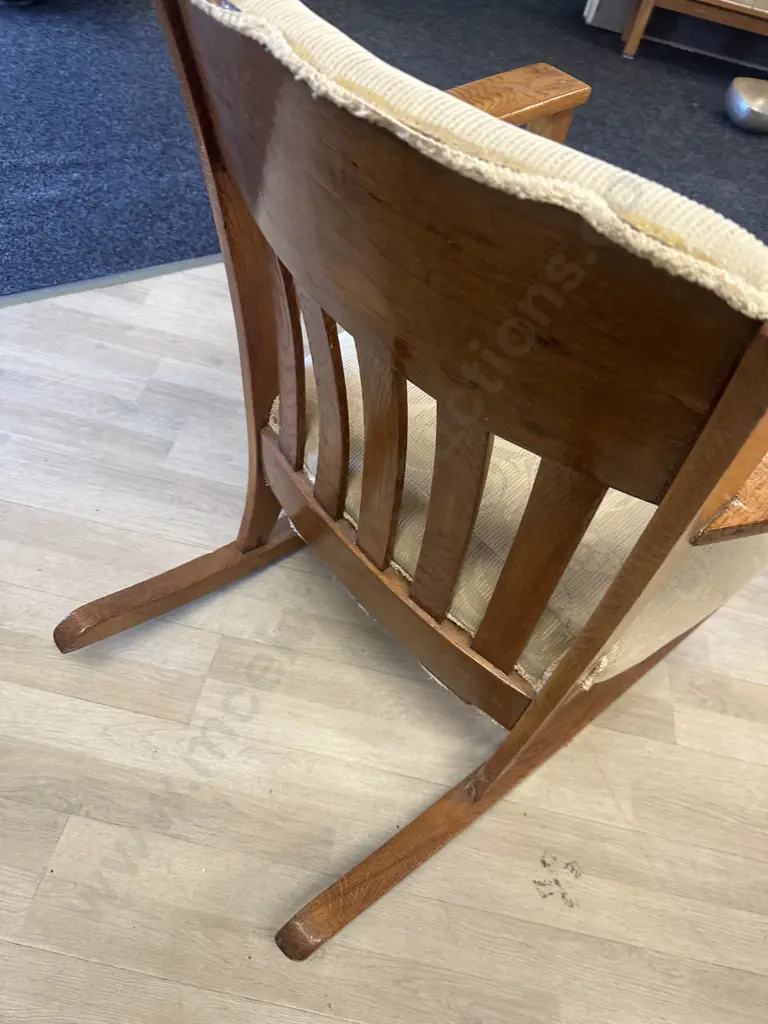 Art Nouveau Oak Rocking Chair Slat Back Cream Upholstery H85,W66,D85cm. Image 1++