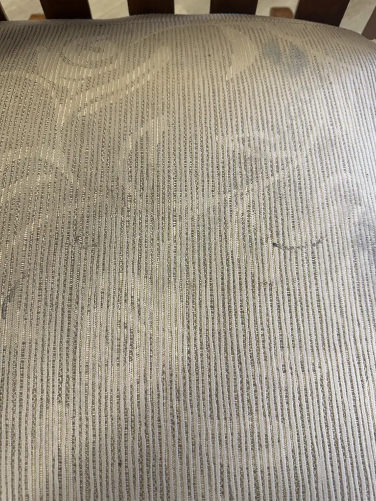 Art Nouveau Oak Rocking Chair Slat Back Cream Upholstery H85,W66,D85cm. Image 1++