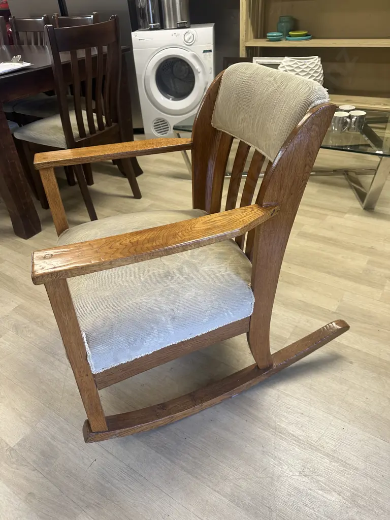 Art Nouveau Oak Rocking Chair Slat Back Cream Upholstery H85,W66,D85cm. Image 1++
