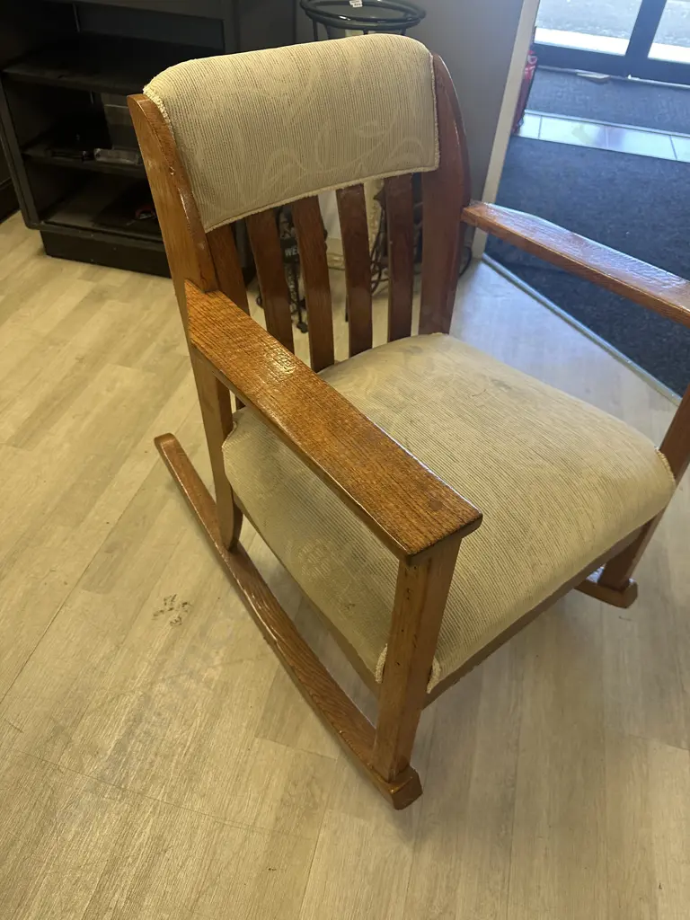 Art Nouveau Oak Rocking Chair Slat Back Cream Upholstery H85,W66,D85cm. Image 1++