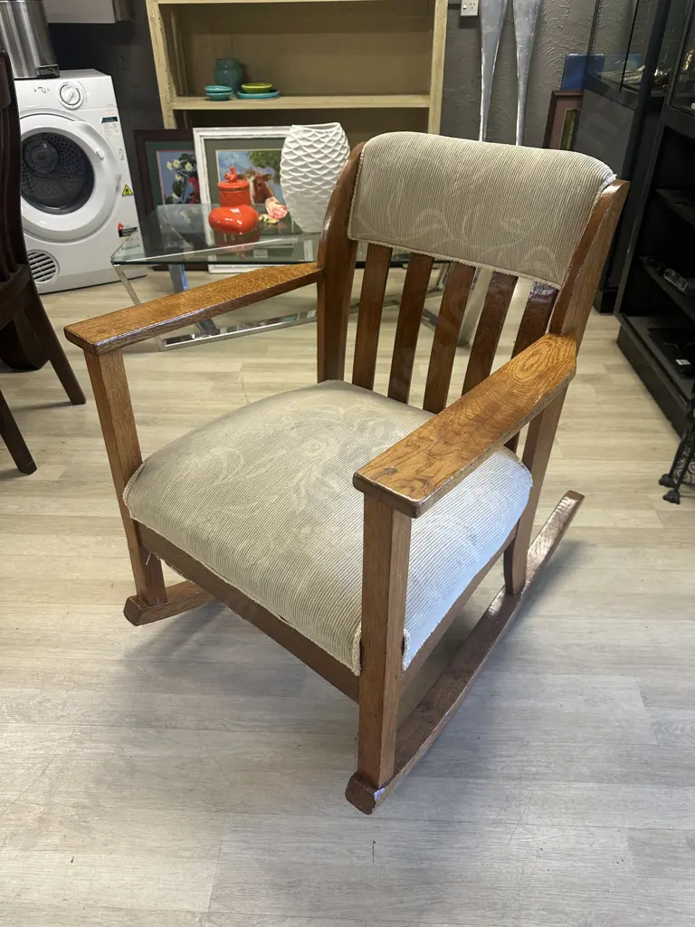 Art Nouveau Oak Rocking Chair Slat Back Cream Upholstery H85,W66,D85cm. Image 1++