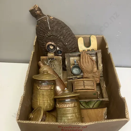 Box Lot Pottery & Wooden Ware