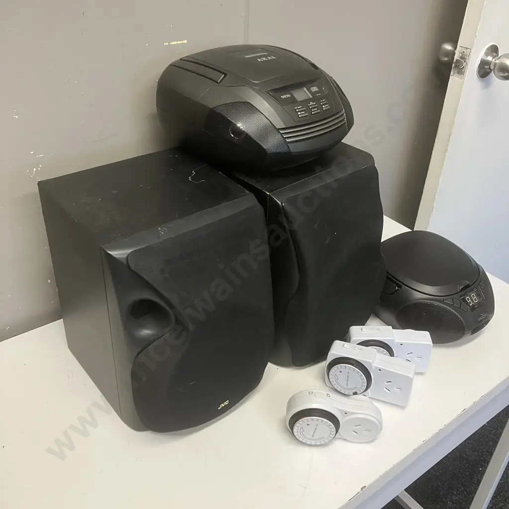 Pair of JVC SP-04 Speakers (6 Ohm 70W), Veon & Akai CD Players, Three Time Switches Image 1++