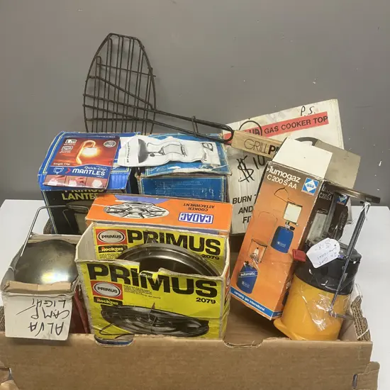 Box lot Assorted Vintage Camping Items, Grill Pro