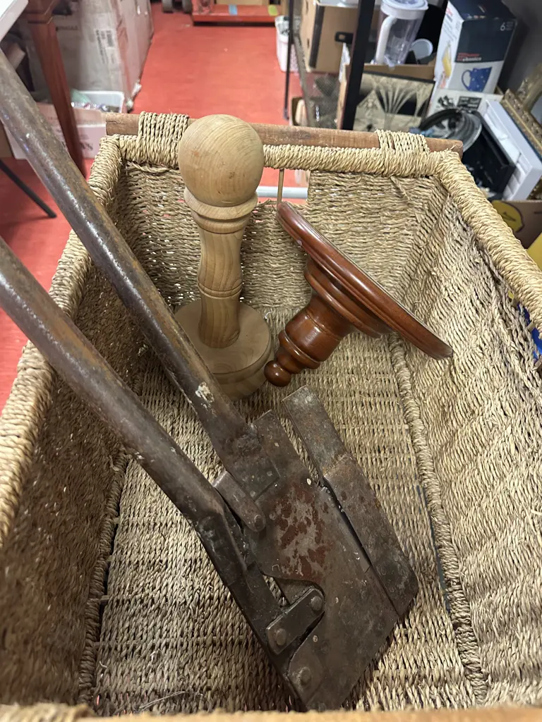 Vintage Cane Basket, Small Wooden Wall Shelf, Hat Stand & Fibrelight Cutters Image 1++