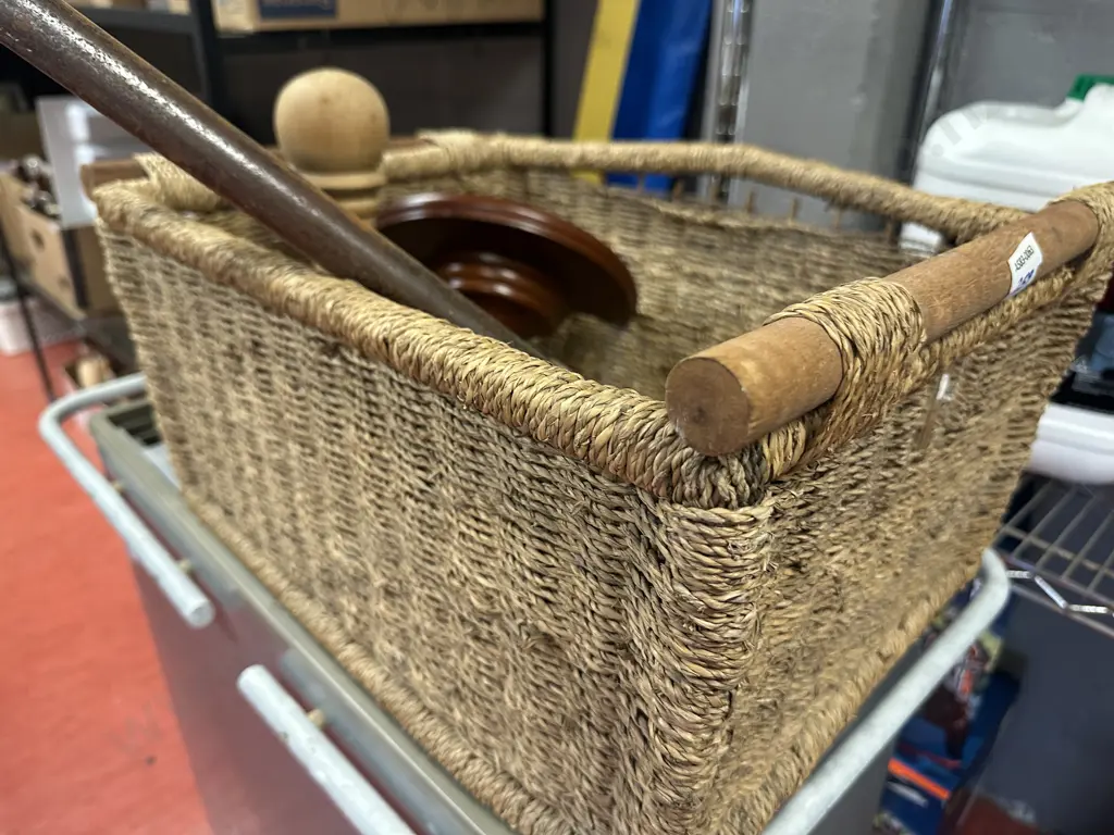 Vintage Cane Basket, Small Wooden Wall Shelf, Hat Stand & Fibrelight Cutters Image 1++