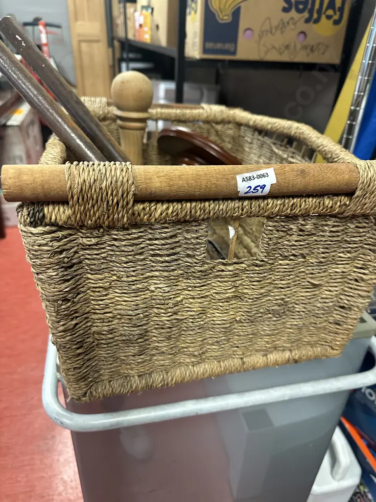 Vintage Cane Basket, Small Wooden Wall Shelf, Hat Stand & Fibrelight Cutters Image 1++