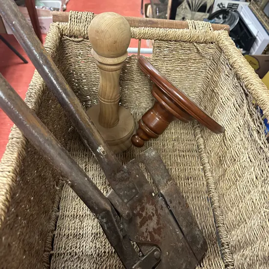 Vintage Cane Basket, Small Wooden Wall Shelf, Hat Stand & Fibrelight Cutters