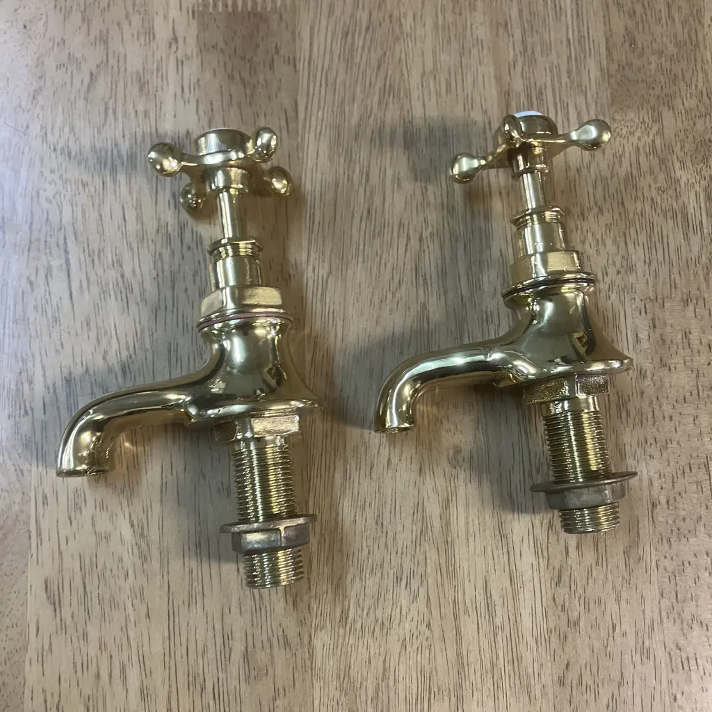 Edwardian Style Rectangle 58 x 45.5cm Basin With Caradon England Pedestal & Pair of Brass Taps. H84cm Image 1++