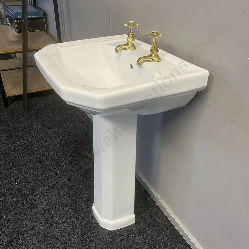 Edwardian Style Rectangle 58 x 45.5cm Basin With Caradon England Pedestal & Pair of Brass Taps. H84cm Image 1++