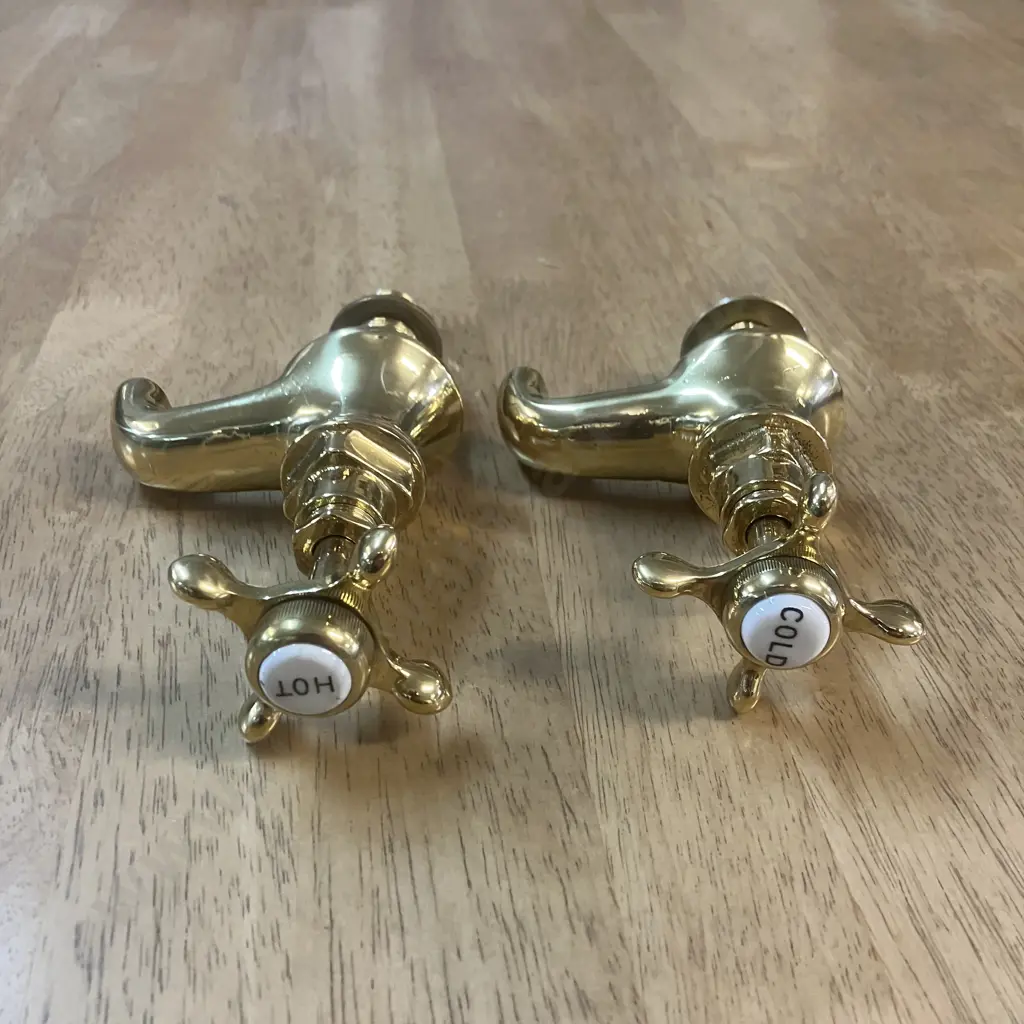 Edwardian Style Rectangle 58 x 45.5cm Basin With Caradon England Pedestal & Pair of Brass Taps. H84cm Image 1++