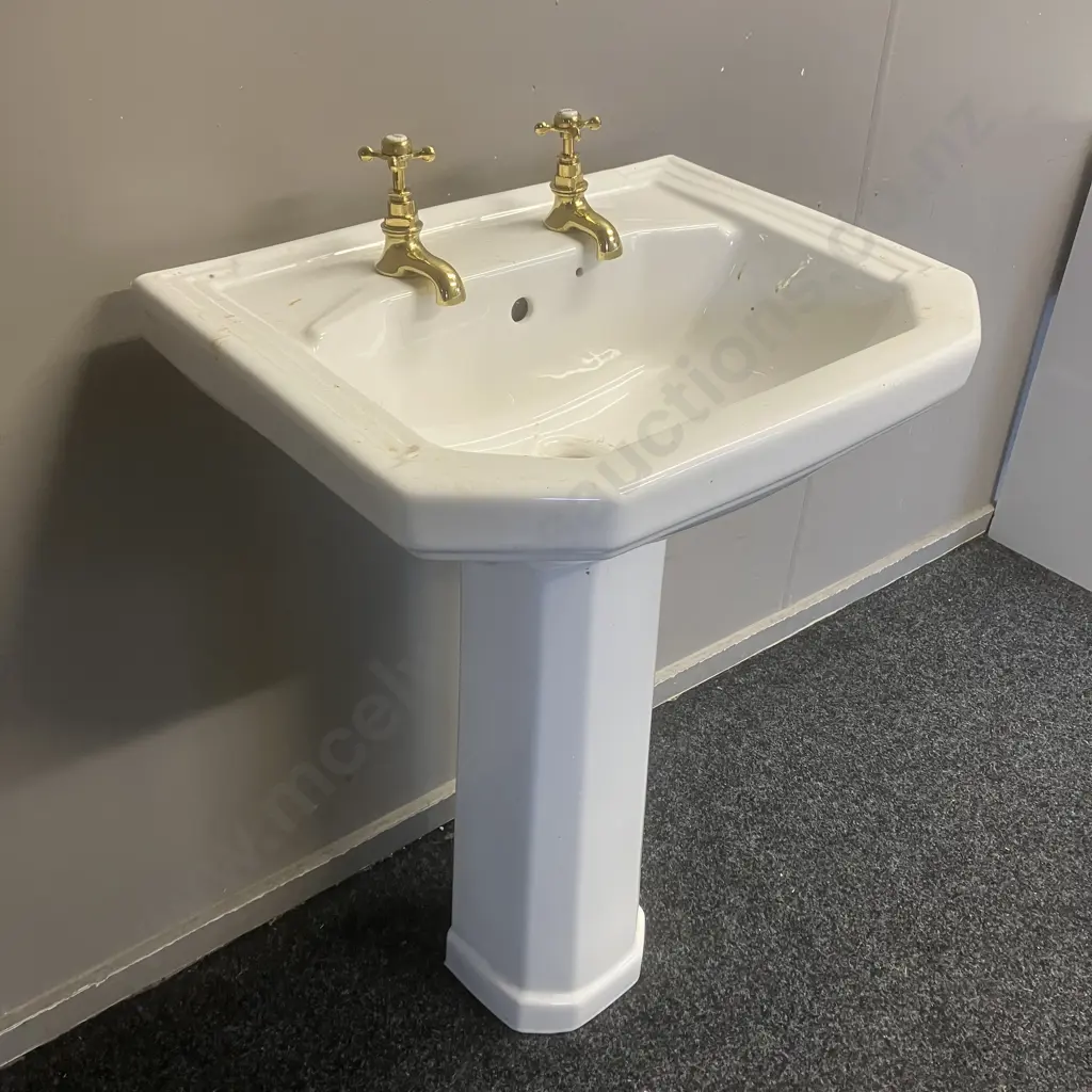 Edwardian Style Rectangle 58 x 45.5cm Basin With Caradon England Pedestal & Pair of Brass Taps. H84cm Image 1++