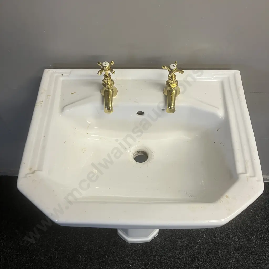 Edwardian Style Rectangle 58 x 45.5cm Basin With Caradon England Pedestal & Pair of Brass Taps. H84cm Image 1++