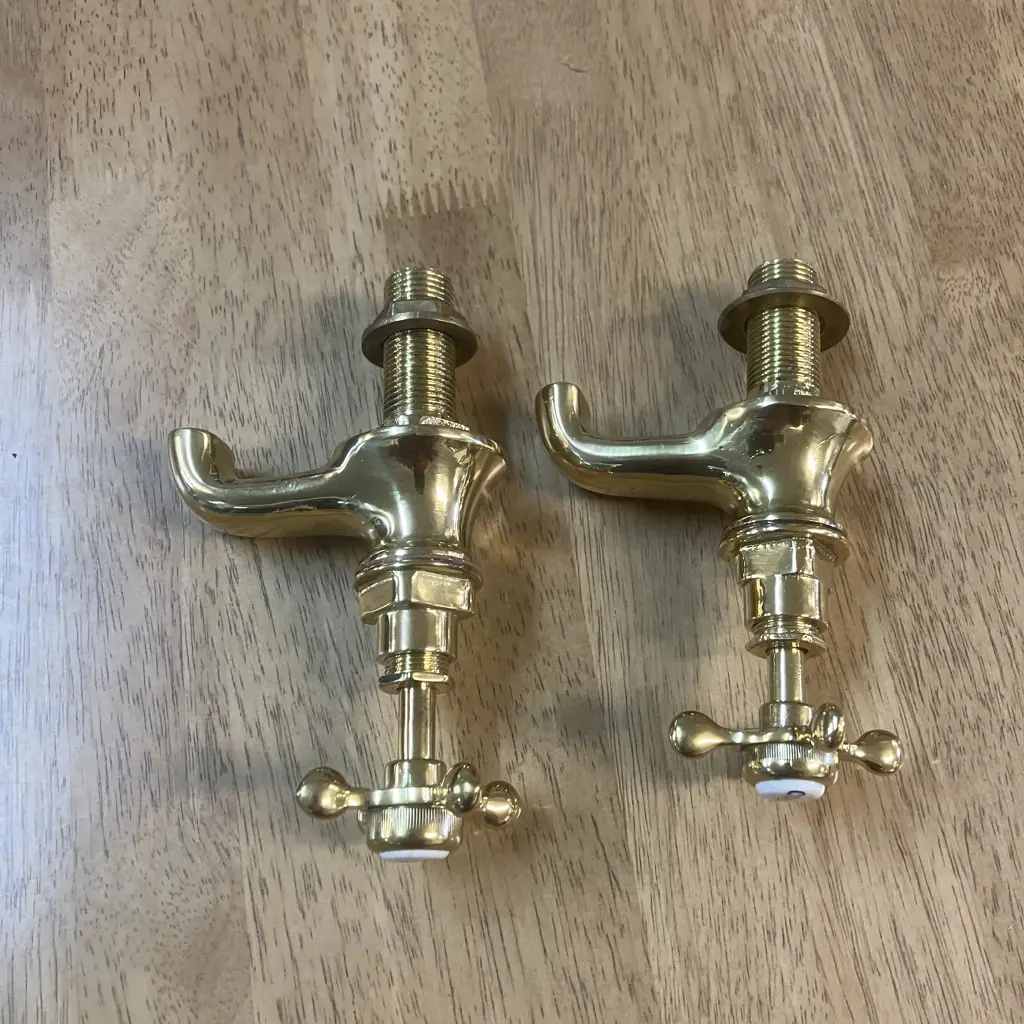 Edwardian Style Rectangle 58 x 45.5cm Basin With Caradon England Pedestal & Pair of Brass Taps. H84cm Image 1++