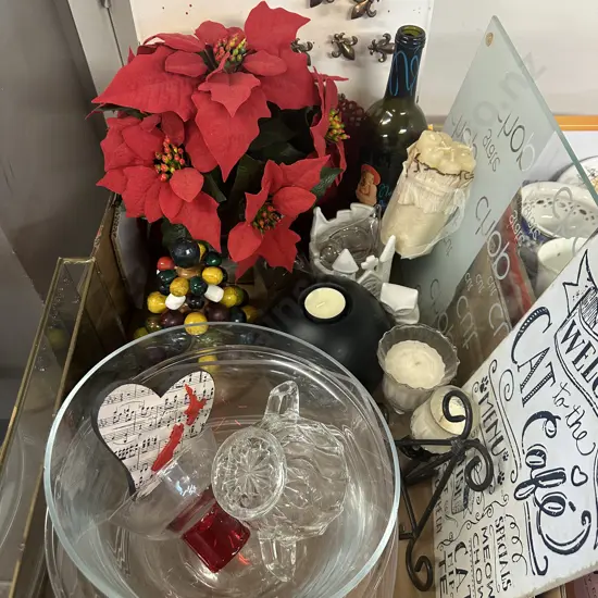 Assorted Items Including Decorative Plant, Dinnerware, Glassware Etc