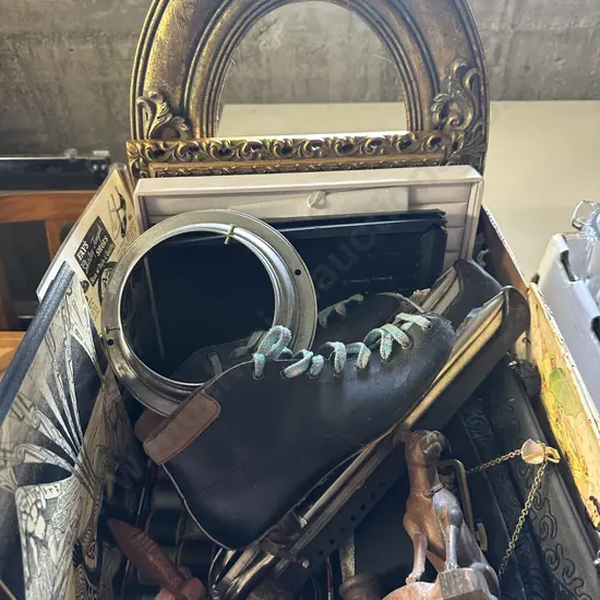 Box Lot Including Gilt Frame, Clutch Bags, Wooden Ware etc