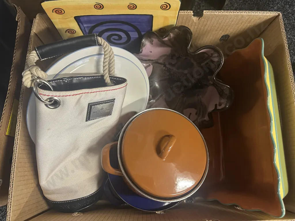 Box Of Pottery, Vintage Lidded Casserole Dishes, Moet & Chandon Bag Etc  Image 1++