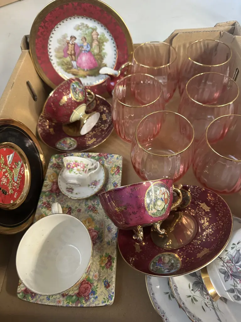Assorted China Items Including Limoges, Six Pink Gilt Rimmed Glasses Etc Image 1++