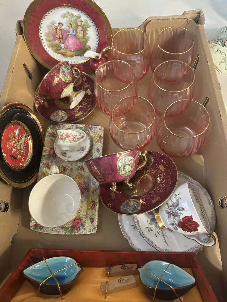 Assorted China Items Including Limoges, Six Pink Gilt Rimmed Glasses Etc Image 1++