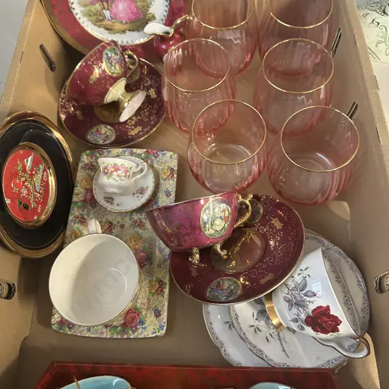Assorted China Items Including Limoges, Six Pink Gilt Rimmed Glasses Etc